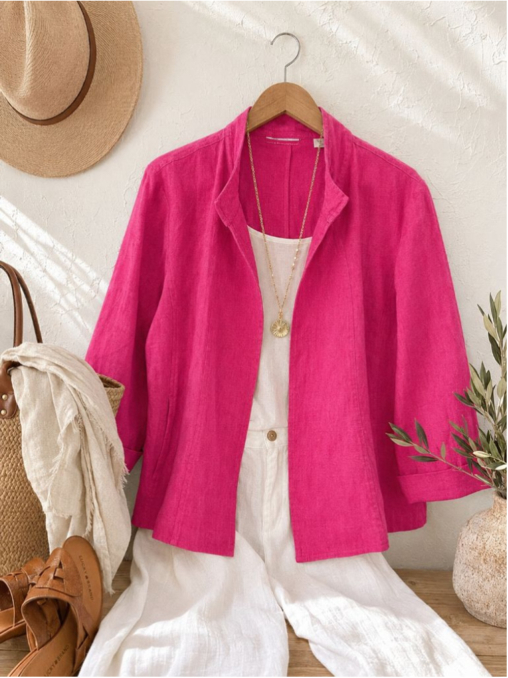 Bright Pink Linen Blend Open Front Jacket Petite XL Resort Coastal Grandmother